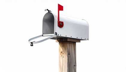 White metal mailbox with open front door and raised red flag&mdash;mounted on wooden post against plain white background