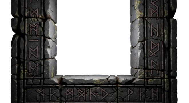 Majestic, u-shaped ancient border frame of weathered dark grey basaltic stone, deeply textured with runic symbols, against a transparent background with copy space. Concept of ancient lore and mystery