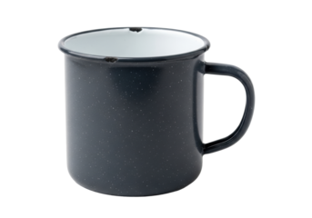 Deep charcoal grey enameled steel camp mug, weathered texture, chipped white interior, isolated on transparent with copy space, soft studio lighting. Concept of enduring utility and resilience