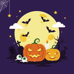 Fototapeta premium Spooky Halloween pumpkin illustration on a dark night with bats and pumpkin head