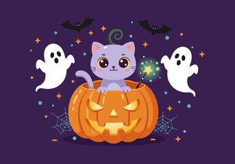 Spooky Halloween night background illustration with a scary pumpkin, ghosts, and cute cat