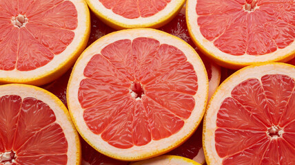 Fresh sliced grapefruit segments offer a vibrant, juicy refreshment, ideal for healthy lifestyles, culinary creations and vibrant summer designs