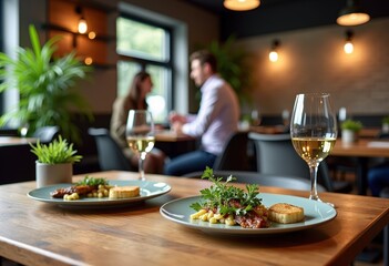 Wine glasses and plates of food