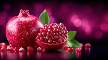 Close Up of Fresh Red Pomegranate Fruit with Seeds and Water Droplets Against a Bokeh Background