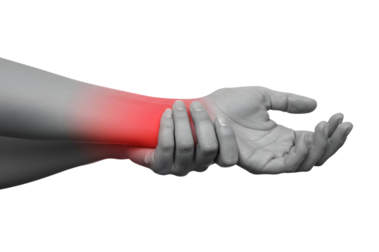 Person holding their painful wrist isolated on transparent background, possibly carpal tunnel