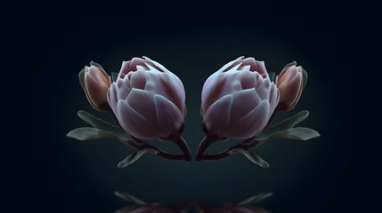 Two beautiful protea flowers with delicate, vibrant pink petals and green foliage set against a dramatic, minimalist black backdrop.