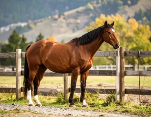 Chestnut horse stands calmly beside a wooden fence in a pastoral setting, autumnal colors in the background