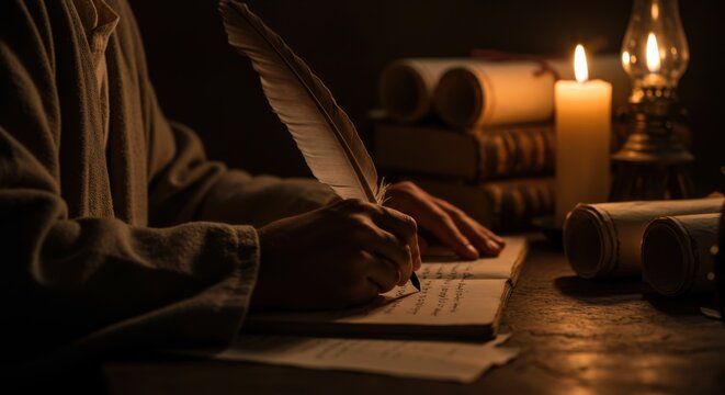 A man writer hand writes in old book with quill pen. Biblical times concept of ancient scribe chronicle.