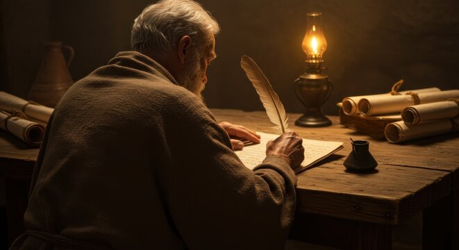 Old man writing with quill pen by lantern light. Historian scribe documenting ancient text. Biblical writing and wisdom concept.
