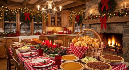 Festive christmas dinner table setting with turkey pie and rolls in a cozy decorated kitchen