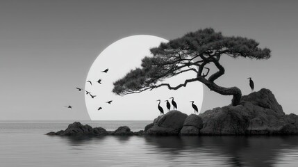 Peaceful coastal scene with tree