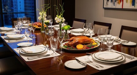 Fototapeta premium A long dining table set with plates glasses silverware and a roasted turkey centerpiece for a feast