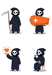 Four activities of the grim reaper in the halloween, vector illustration