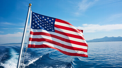Proud American flag waves majestically on a boat sailing across a sparkling blue ocean under a clear sky