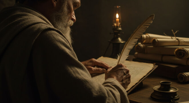 Old man scribe writing on parchment paper with feather quill. Ancient writer creating historical document. Bible and old testament concept.