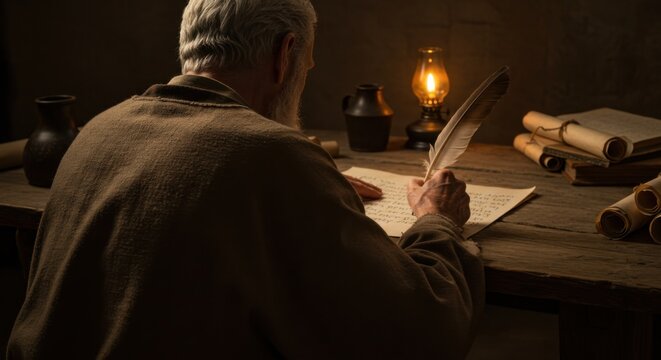 Old man scribe writing on parchment paper with a feather quill. Biblical history concept. Ancient art, culture, and wisdom.