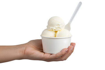 Hand holding vanilla ice cream in a paper cup isolated on transparent background