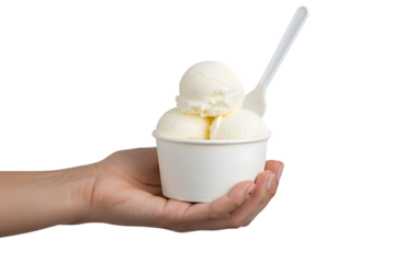 Hand holding vanilla ice cream in a paper cup isolated on transparent background