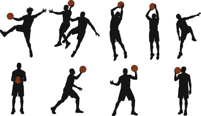 Basketball player silhouettes in action poses, dribbling, shooting, passing, jumping, orange ball highlight, sports training, athletic motion illustration design