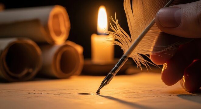 Man writing with a quill pen on old paper by candle light. Ancient scribe or apostle concept. Bible and history text. - Powered by Adobe