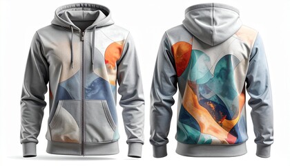 Zipper Hoodie Mockup Front Back View with Abstract Huntington's Disease Health Awareness Pattern on Soft Cotton, Symmetrical Product Display on Pure White Background