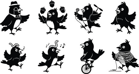 Cartoon bird silhouette character illustrations juggling, singing, dancing, unicycle, party hat, yarn, whimsical animal artwork, playful creative design sequence