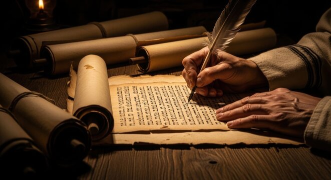Man writing ancient text on parchment scroll with a feather quill. Biblical scribe creating a manuscript from old testament.