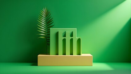 A green themed product display with geometric shapes and a tropical leaf backdrop