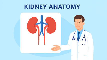 Flat-style educational illustration of the human kidney anatomy with renal arteries, veins, and ureters. Concept of nephrology, healthcare, and medical education.