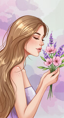 Young woman holding bouquet of flowers with calm expression  