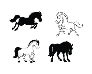 Collection of four stylized horse illustrations in black and white showcasing different poses and silhouettes for creative design elements