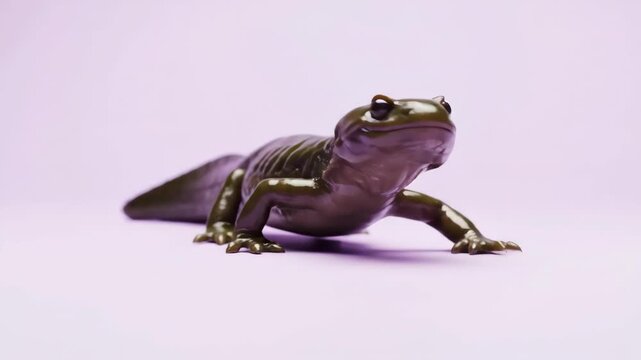 A glossy green salamander is centered on a pale purple surface The amphibian faces forward showcasing its smooth skin and stubby legs