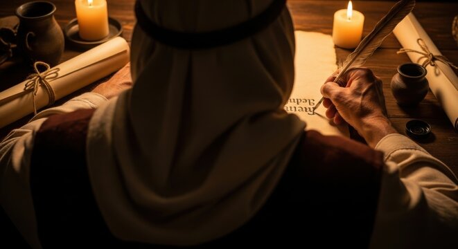 Male scribe writing on parchment with quill pen by candlelight. Ancient historical script or biblical text. Old wisdom and education concept.