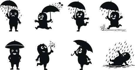 Fototapeta premium Cartoon Characters with Umbrellas in Rain, Funny Expressions, Rainy Weather Scene, Happy and Sad Moods, Cute Vector Illustration