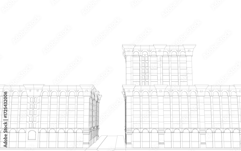 Poster architectural wireframe building drawing featuring multiple window details