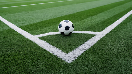 Stunning soccer ball rests on pristine green turf at the corner of a professional sports field, ready for action.
