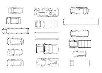 Blueprint car design in top view perspective, featuring detailed vehicle contours on white background. This technical drawing set displays precise automotive engineering specifications. © German Ovchinnikov