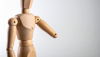 Wooden male mannequin torso with carved anatomical features—defined muscles, articulated arms, and facial details set against neutral gradient background