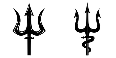 The image features an isolated gold and silver trident, similar to a demon's pitchfork, on a plain white background, evoking the mythological armory of Poseidon, Triton, or Neptune