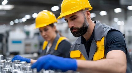 Two factory workers wearing protective gear collaborating on an assembly line, working together to ensure efficient and precise manufacturing ope ns.