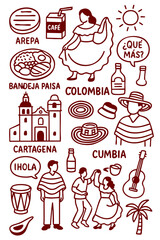 Colombian Culture Illustration Set – Traditional People, Music, Dance, Food, and Symbols