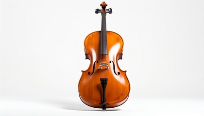 Fototapeta premium Upright cello with polished wooden body and elegant curves—four strings, scroll, f-holes, and fingerboard highlighted against white background