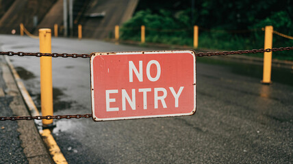 Warning sign clearly states NO ENTRY with rusty chain and yellow bollards indicating restricted access zone