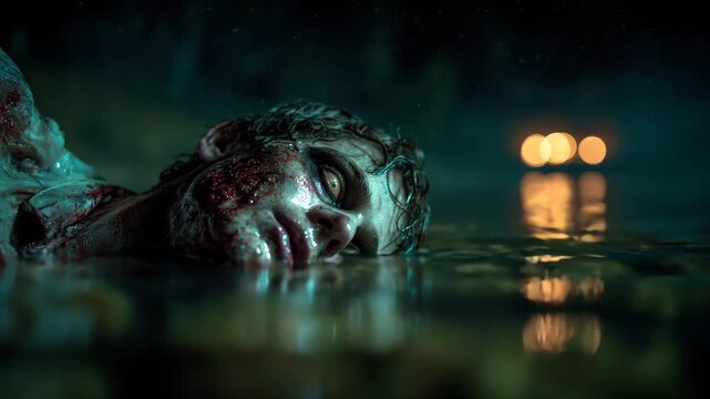 A chilling scene unfolds as a zombie rises from a dark lake at night, surrounded by eerie lighting. The water reflects his haunting gaze and gruesome features, creating a tense atmosphere