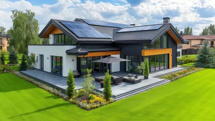 Showcasing a contemporary home featuring solar panels, extensive outdoor seating, and a vibrant garden in a spacious yard