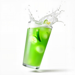Cocktail with splashes in green color with ice and lime slices  