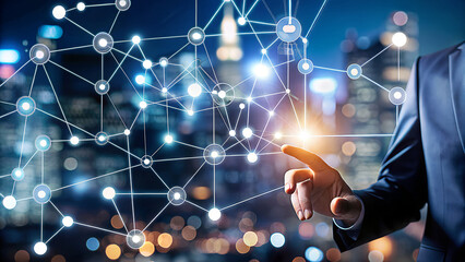 Businessman interacting with digital network overlay in cityscape at night