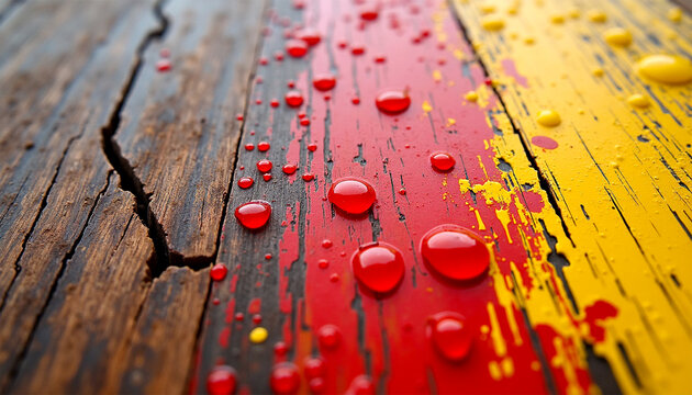 wood texture with raindrops on cracked wooden surface vibrant yellow and red paint splatters - Powered by Adobe
