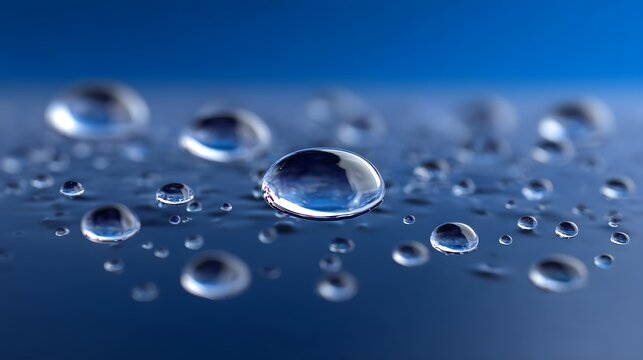 Detailed ro shot of clear water droplets reflecting the blue sky on a smooth, glossy surface