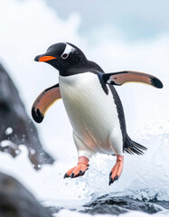 Fototapeta premium Dynamic rockhopper penguin leaping through waves, wings extended, exhibiting motion